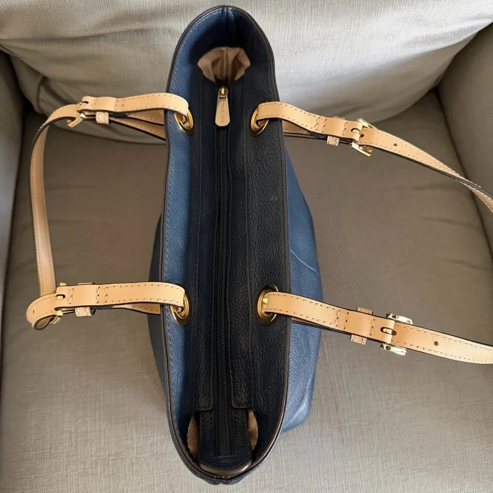 Michael Kors Dark Blue Pebbled Leather with Tan Straps Shoulder Bag Tote - Picture 9 of 15
